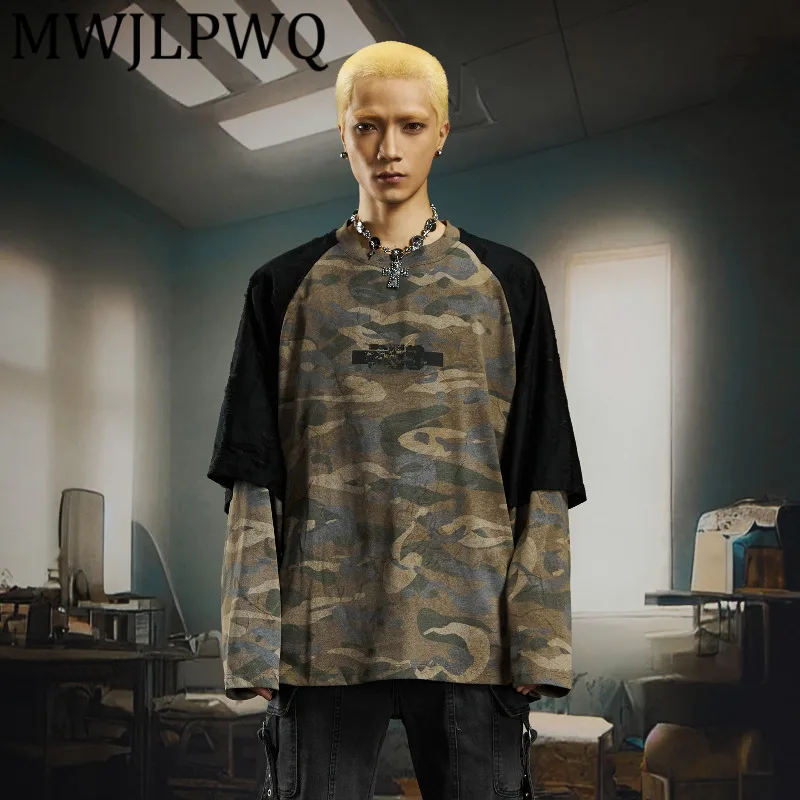 

MWJLPWQ Мужская уличная одежда из двух предметов, нишевые камуфляжные топы с цветными блоками, лоскутная футболка с круглым вырезом и длинными рукавами в стиле хип-хоп 12605