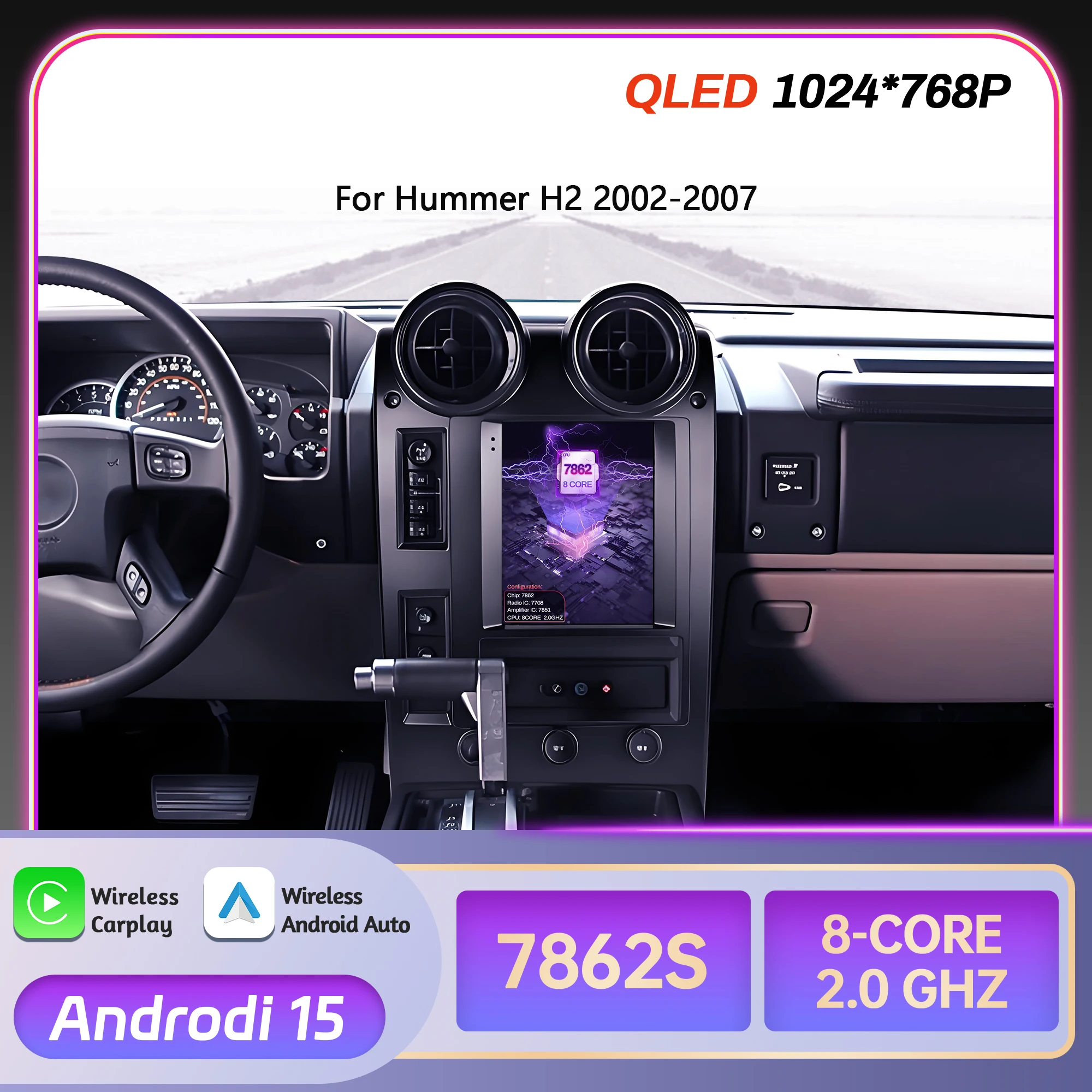 

9,7-дюймовое Android 15 мультимедийное навигационное устройство для Hummer H2 2002-2007: автомобильное радио, 4G GPS, беспроводной Carplay, экран, стереосистема