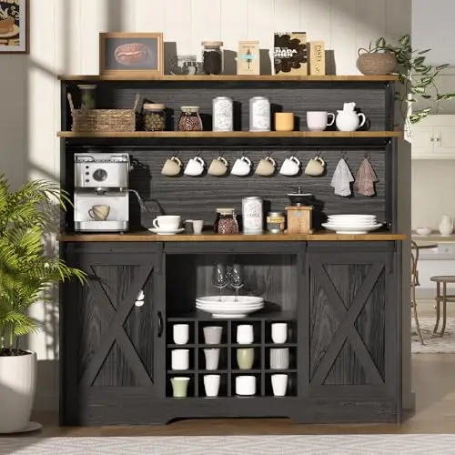 55'' Farmhouse Coffee Bar Cabinet with 3 Tier Storage Hutch, Coffee Bar Station with Sliding Barn Door, Hutch Storage image 4