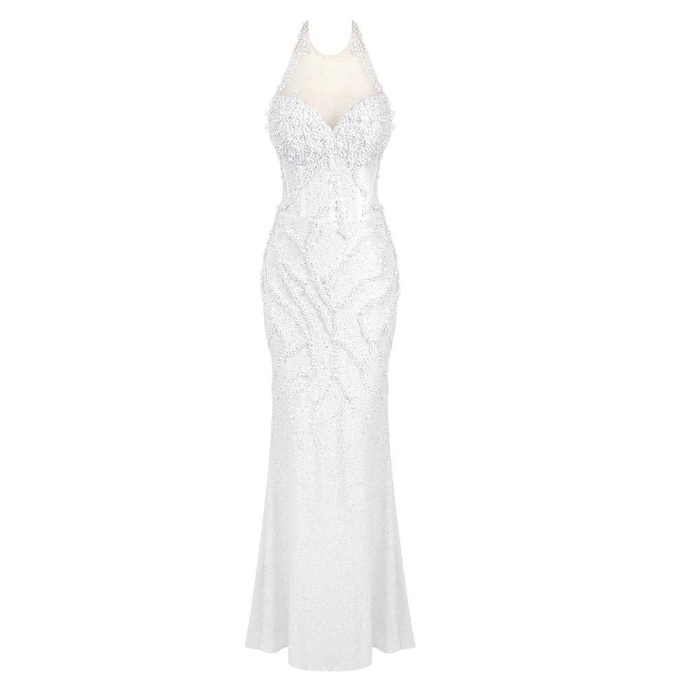VC Pearls Embellished Long Dress White Sequins Mesh Sleeveless Halter Mermaid Cocktail Wedding Party VC Pearls Embellished Long Dress White Sequins Mesh Sleeveless Halter Mermaid Cocktail Wedding Party