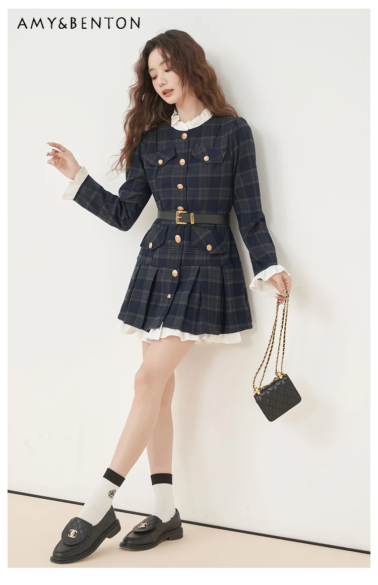 

Spring and Autumn French Commuter Style High-end Women's Navy Blue Plaid Long Sleeve Short Slim High Waist Dress with Belt