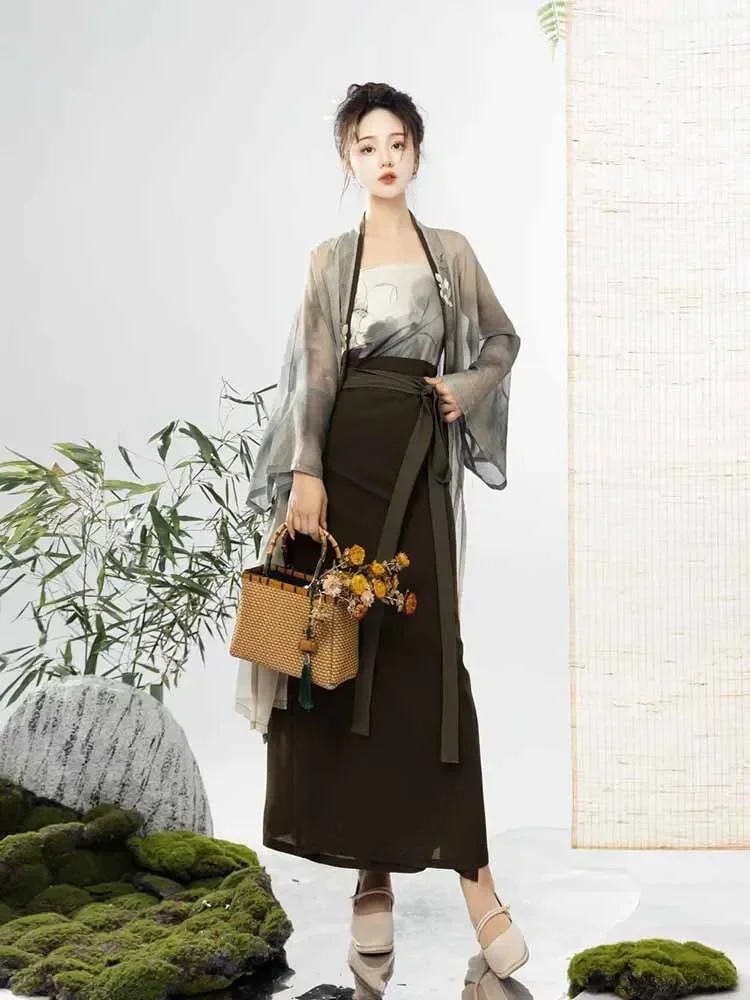 Modernized Chinese Ancient Hanfu Dress Women Party Outfit 2024 Summer Printed Short-sleeved Cardigan Wrap Skirt 3pcs Sets Hanfu