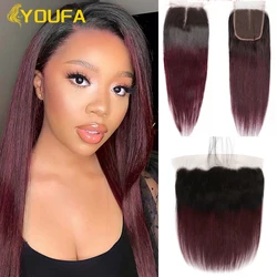 YOUFA 1B Dark Burgundy 4x4 13x4 Lace Closures Pre Plucked Natural Hairline 100% Brazilian Straight Human Hair Swiss Lace Frontal