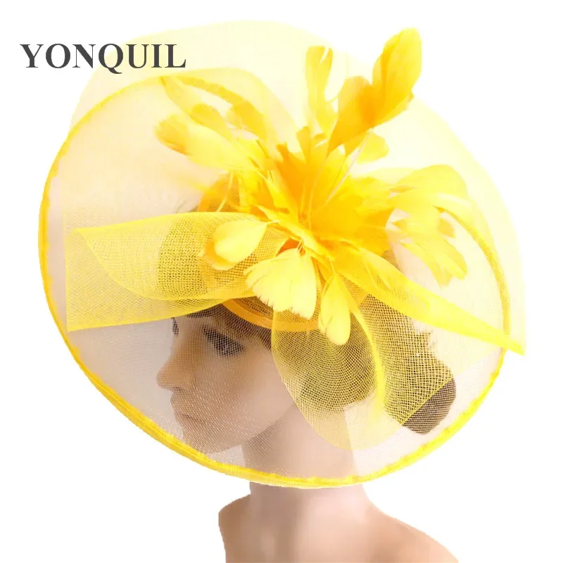 

Feather Flower Fascinator Yellow Wedding Hair Clip And Headband Women Tea Party Royal Ascot Bridal Church Show Hat Great Quality