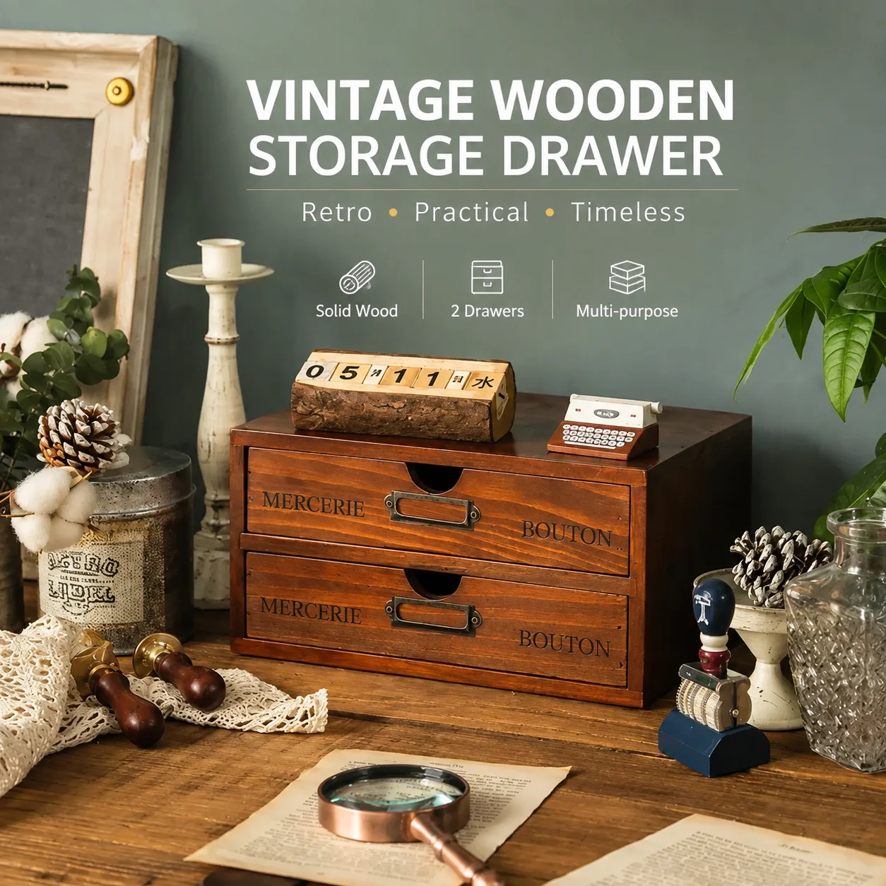 Vintage Wooden Desktop Organizer Shelf with 1–4 Adjustable Drawers for Stickers, Cosmetics, and Stationery