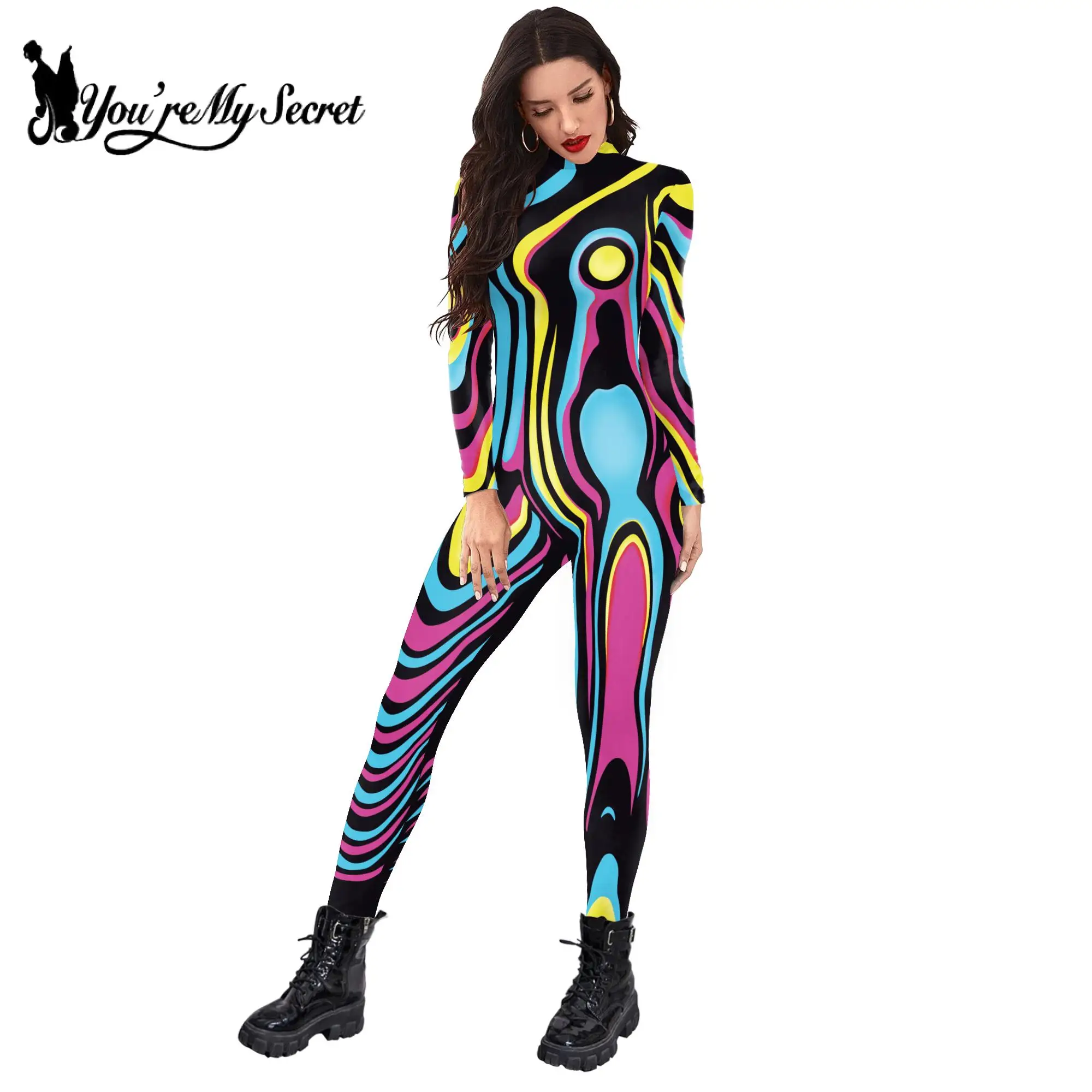 [You're My Secret] Women's Catsuit Fashion Funny Halloween Cosplay Costumes 3D Skeleton Muscle Print Zentai Bodysuit Jumpsuits