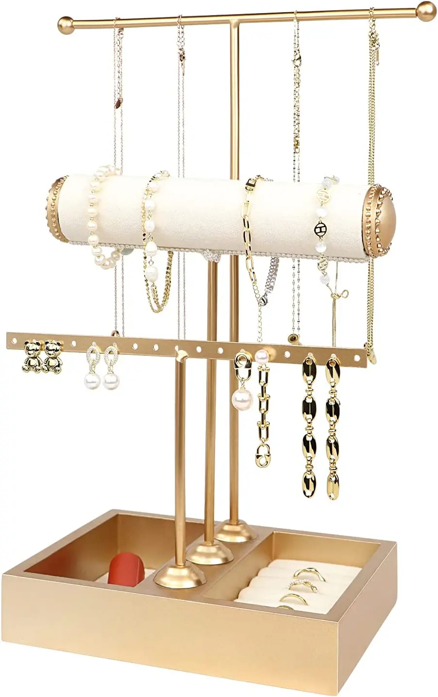 Jewelry Organizer Stand 3-in-1 Jewelry Holder for Necklaces Bracelet Earrings & Ring Jewelry Tree Jewelry Tower Metal & Wood