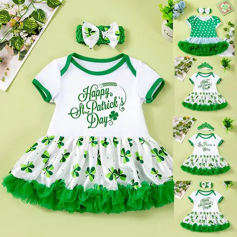 영아 여아 반팔 바디 수트 + 그린 투투 원피스 활 머리띠, 신생아 의류 세트, 마이 1st 성 패트릭의 날 복장, 3 개