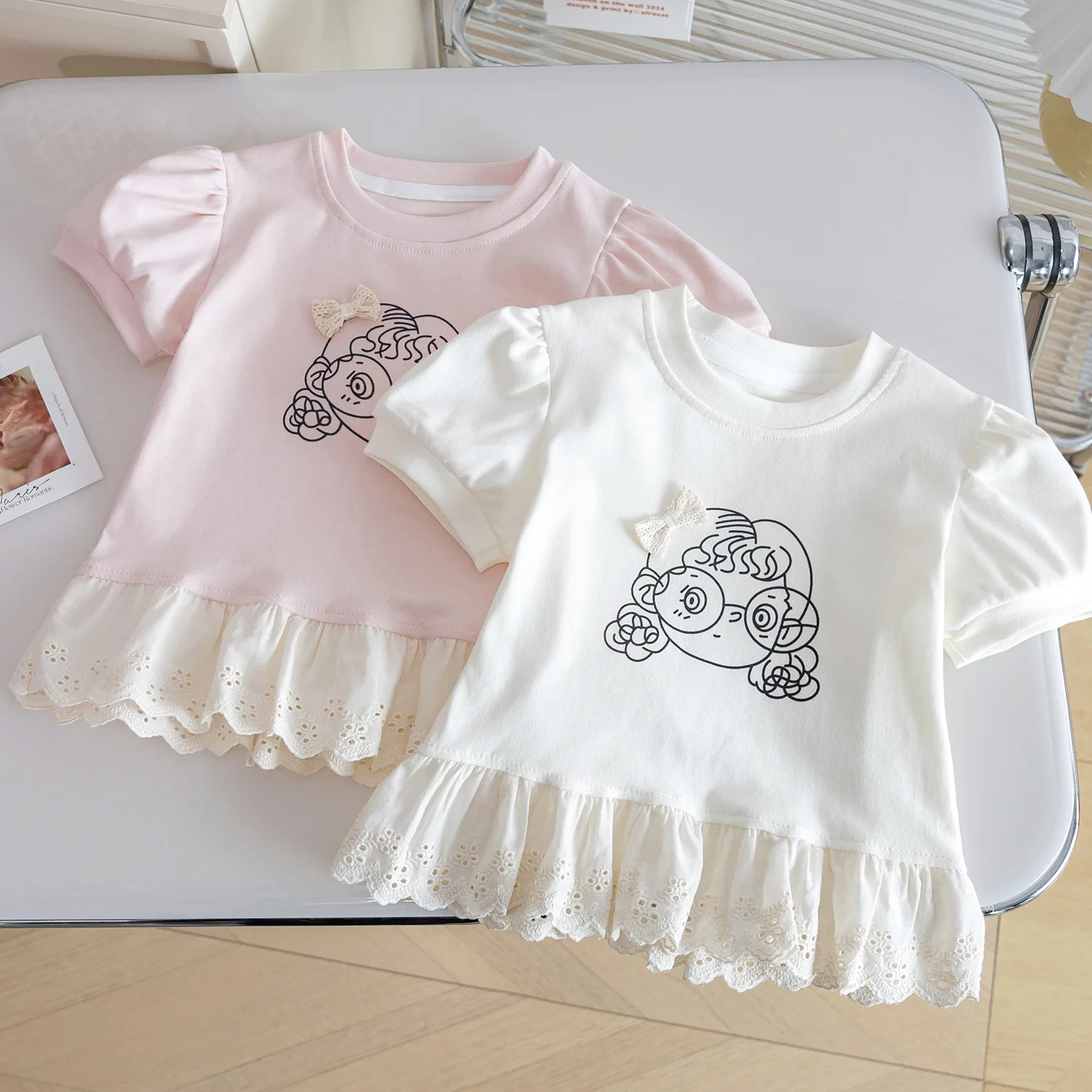 Sweet Baby Girls Ruffle Lace Patchwork T-Shirts Short Puff Sleeve Cartoon Print Bow Tees 2025 Summer Casual Tops