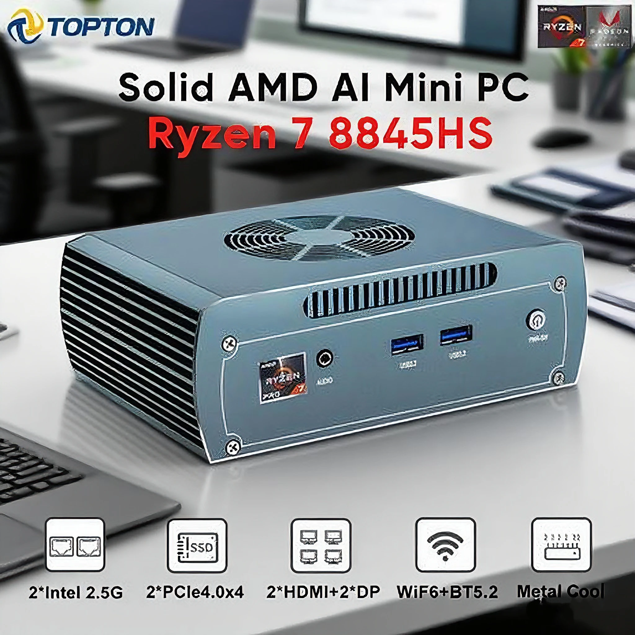 Topton FU03 AMD Mini PC Ryzen 7 8845HS 2*2.5G LAN Router firewall 2 * NVME Computer da gioco senza ventola PC industriale WiFi6