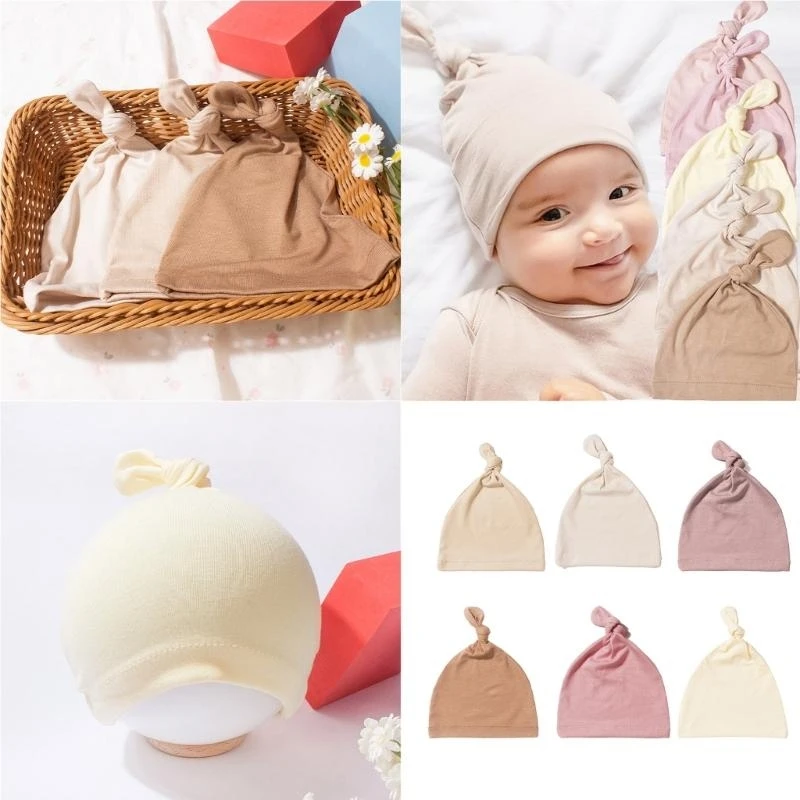 

J15U Baby Knotted Hat Windproof Infant Bonnet Caps Newborns Bonnet Shower Present Neutral Color for 0 to 2 Year Boys Girls
