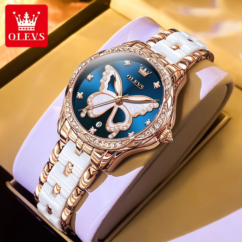 OLEVS-relojes de lujo para mujer, pulsera de cuarzo con diamante, esfera de corazón de amor, banda de cerámica de oro rosa, resistente al agua, fecha luminosa