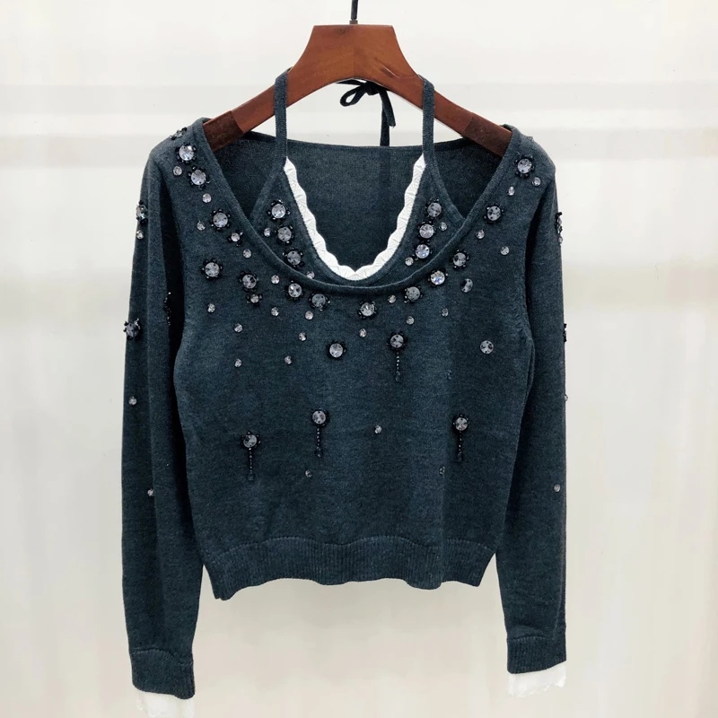 

Осень-зима, новый элегантный милый кашемировый свитер с бисером, модный свободный цветной блок, искусственный двухсекционный трикотаж с лямкой на шее F374