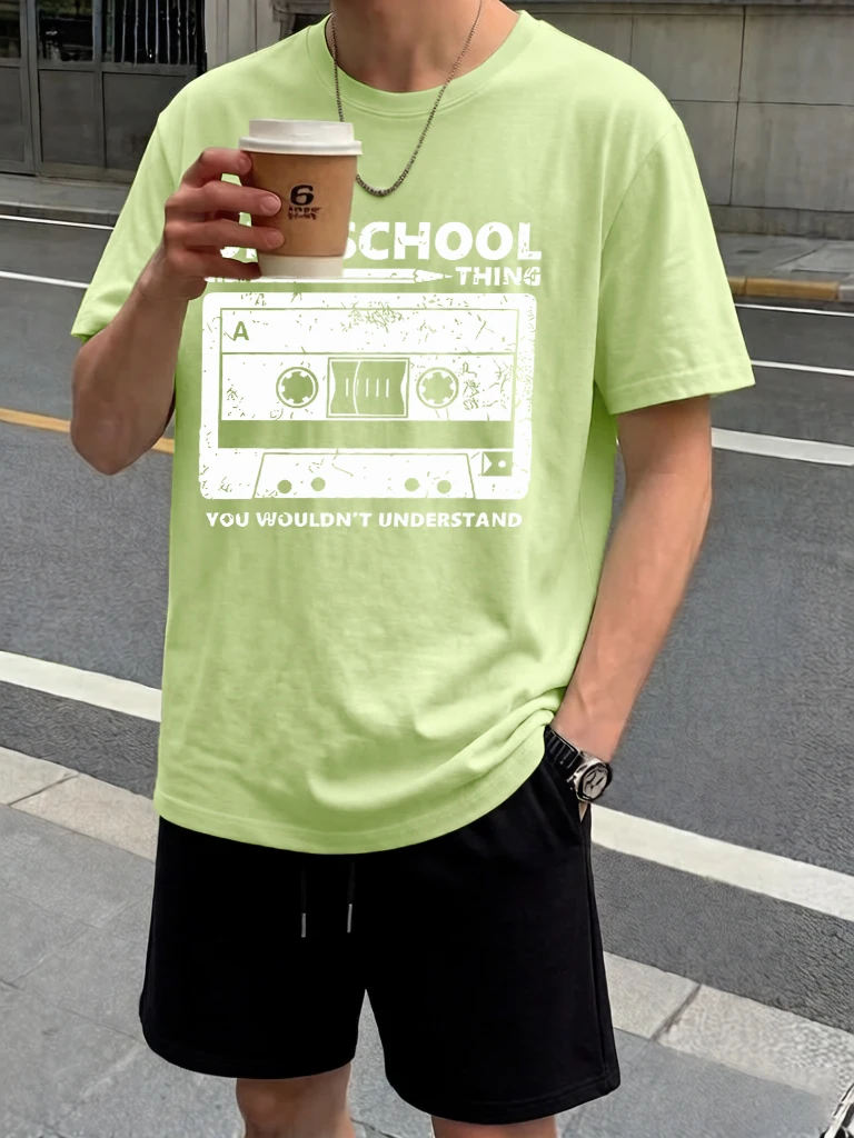 

It'S An Old School Thing Tape Prints Pocket Summer Shorts Man Sets Loose Classic T Shirt Cotton Breathable Street Clothing