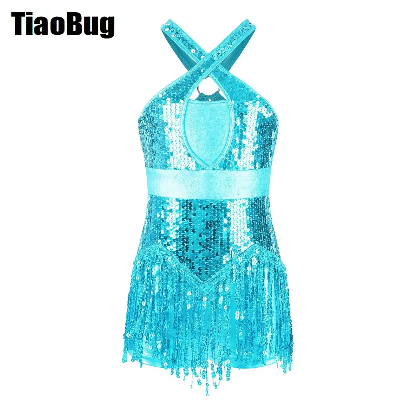 

Sequins Kids Girls Latin Leotard Cha-Cha Performance Sparkly Tassel Leotard Cross Front Cutout Back Fringed Bodysuit