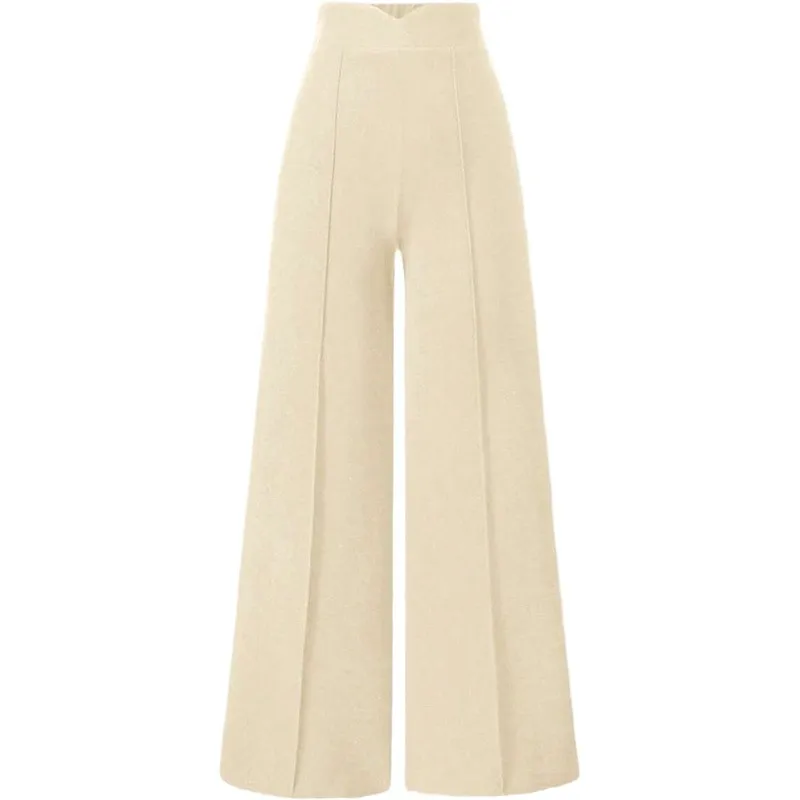 Summer Women Pants High Waist Straight Cut Trousers Solid Color Pleated Front Wide Leg Pants Elastic Waistband Draped Full