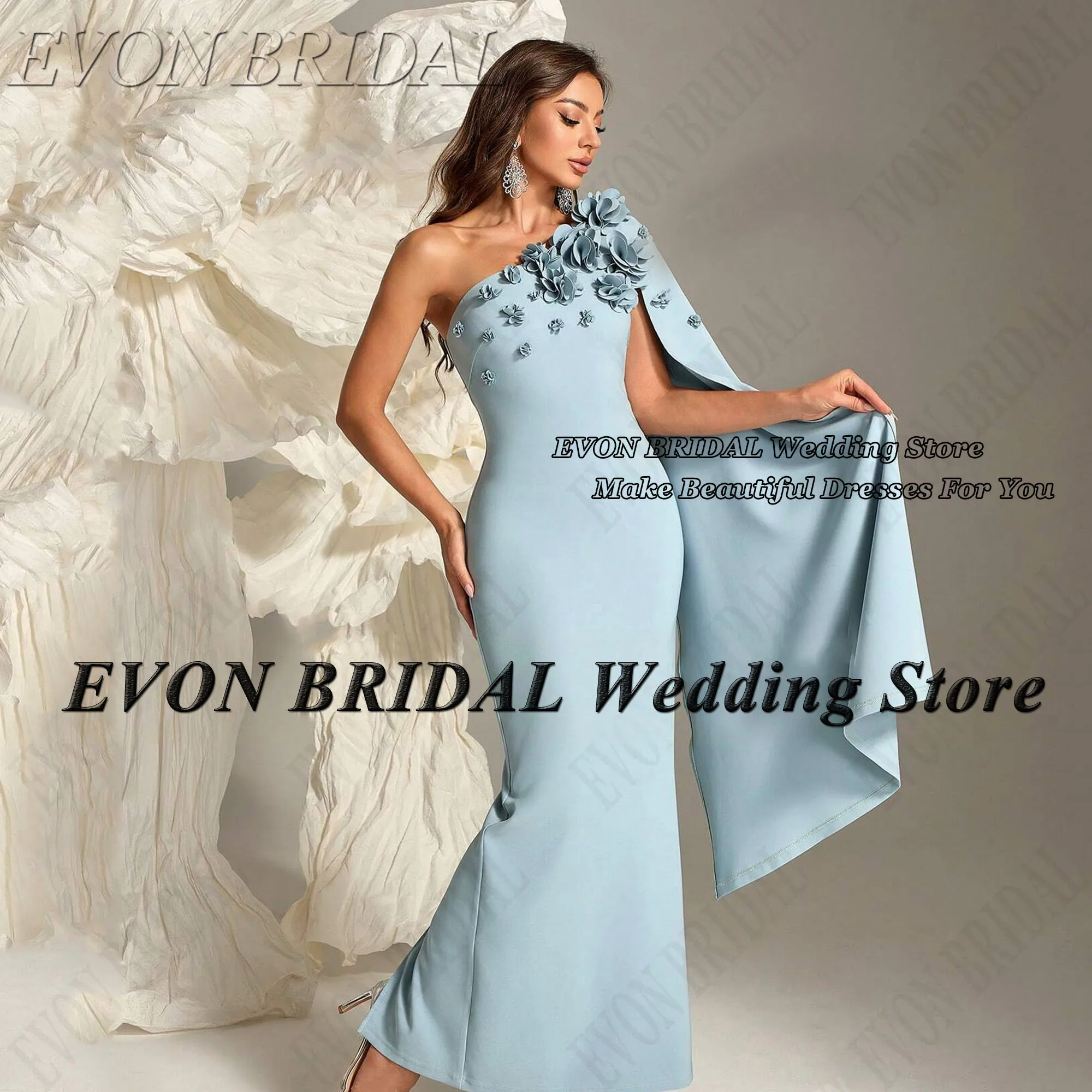 EVON BRIDAL One Shoulder Evening Dress Women 3D Flowers Sky Blue Satin Mermaid Formal Occasion Dresses فساتين للمناسبات الخاصة