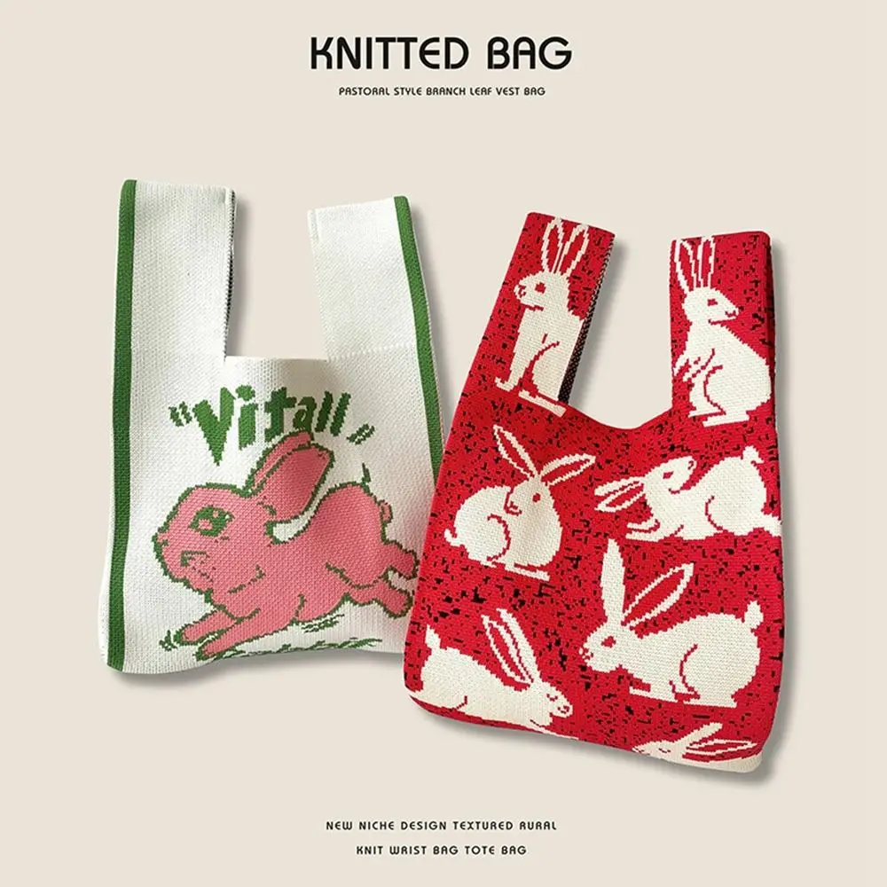 Stripe Knot Wrist Bag Fashion Tote Bag Weave Rabbit Knitted Bag Shopping Bags Handbag Student