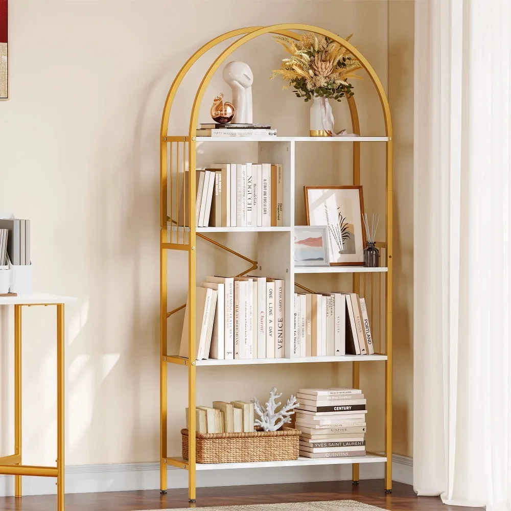 

Librero Gold Standing Book Shelf Bookcase & Magazine Racks 5 Tier Arched Bookshelf and Bookcase Storage Library Furniture Living