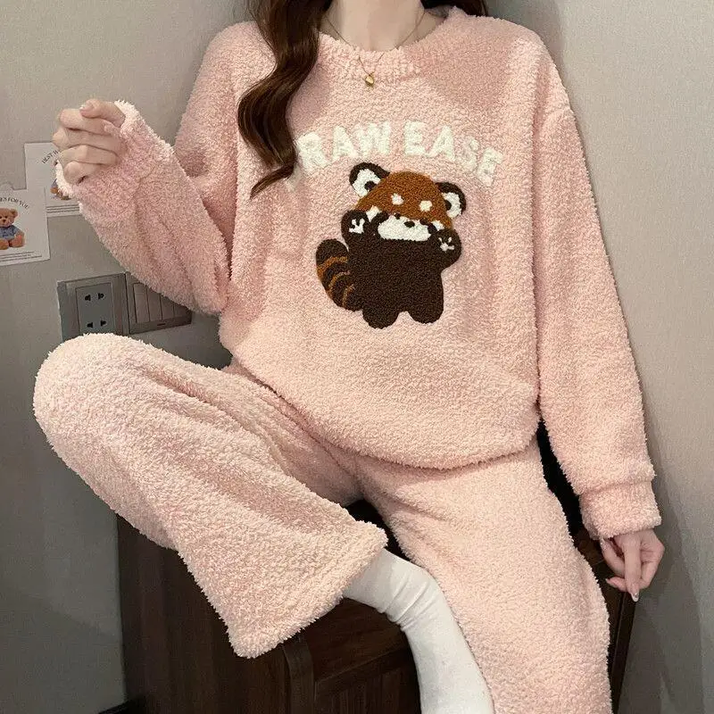

autumn winter Women's pajamas thicken keep warm Comfortable Sleepwear coral fleece cute Cotton Pajama Set cartoon homewear suit