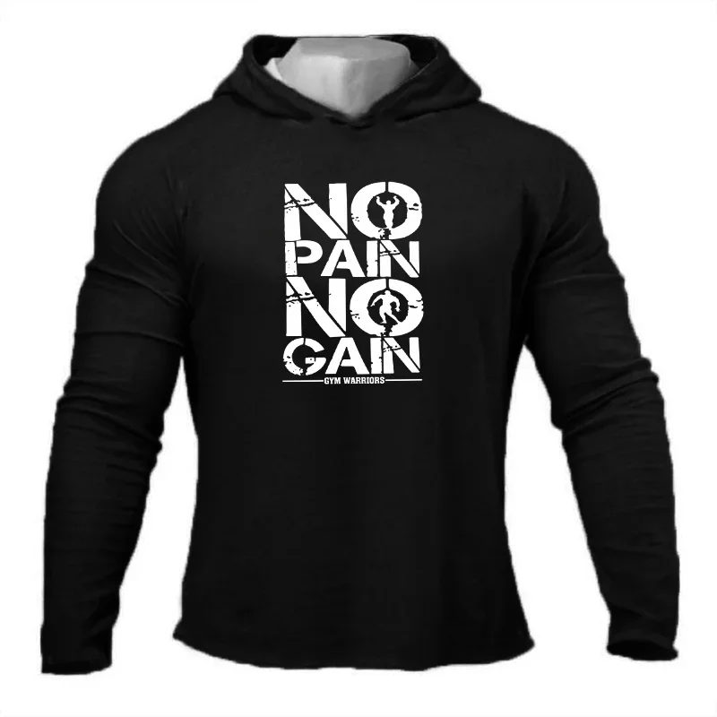 Herren schwarz mit Kapuze Frühling und Herbst Fitness Langarm Hoodies Baumwolle Gym Kleidung Sport Muskel Freizeit reiner Baumwolle Hoodie