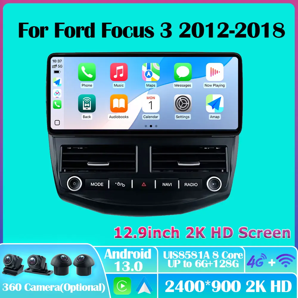 Radio de coche para Ford Focus 3 2012-2018 Android 13 12,9 pulgadas Carplay Autoradio reproductor Multimedia estéreo navegación GPS Auto 5G HU BT