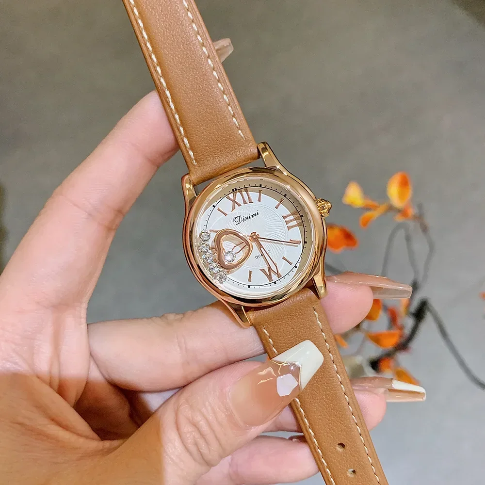 

2025 New Ladies Leather Strap Watch Elegant Flowing Heart Stainless Steel Band Quartz Wristwatch Joyful Diamond Luxury Timepiece