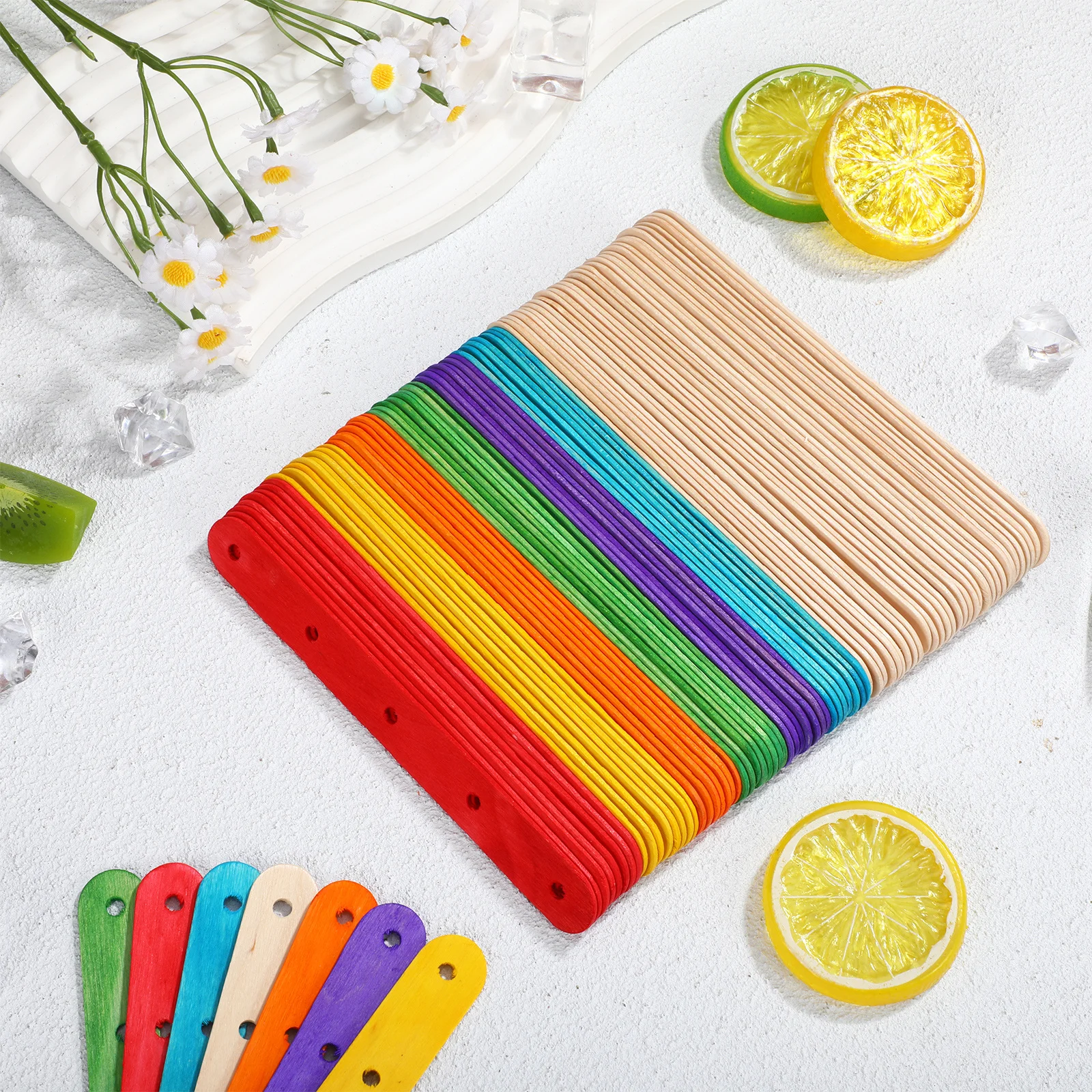 200本 カラフルなロリポップスティック 穴あけ済み 丈夫な木製スティック クラフト DIY ホームアート 教室用 教材
