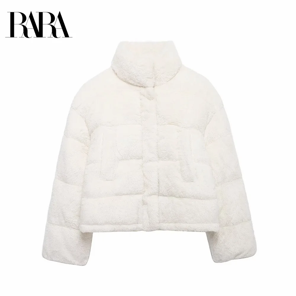 2024 RARA winter new women's clothing solid color furry comfortable loose zipper stand collar cotton coat thick warm