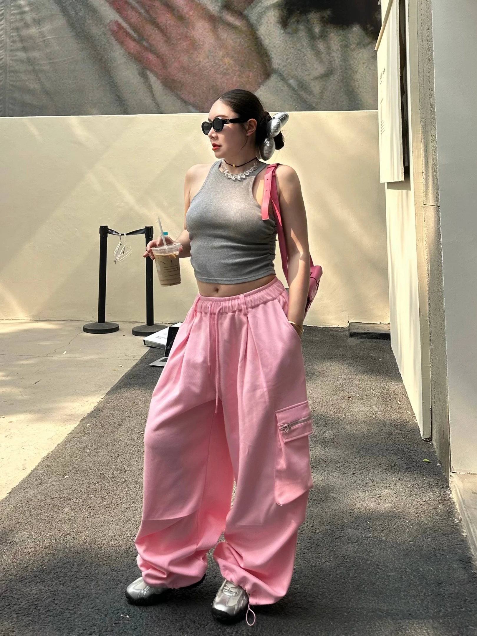 

Spring New Women's Pure Cotton Elastic Waist Work Pants 3D ket Wide Leg Sports Casual Trousers High Waist Long Pants