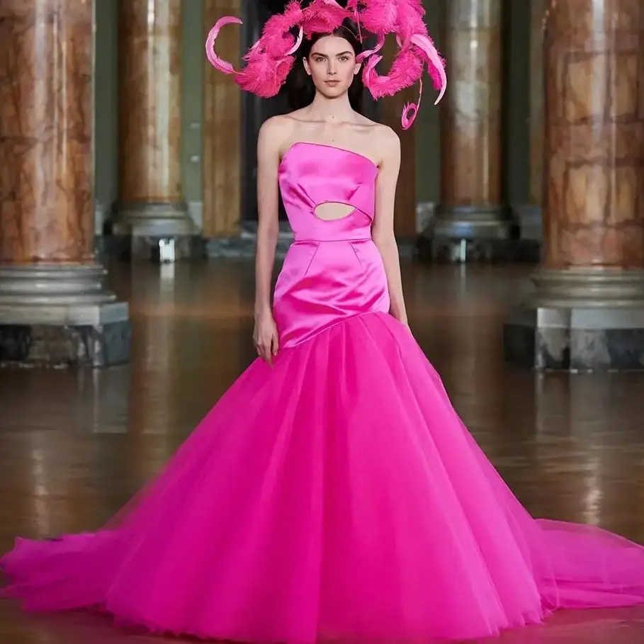 Eye Catching Hot Pink Mermaid Long Formal Evening Party Dresses Puffy Tutu Tulle Bottom Strapless Fashion Prom Gowns