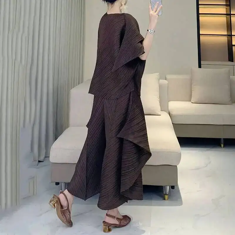 Patchwork Fashion Niche Design Women's Two Pieces Set High-end Pleated Irregular Top And Patch Wide-leg Pants 2GFPE