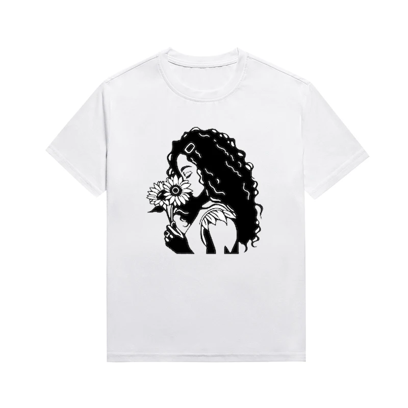 Melanin Fluffy Hair Girl Graphic Tee Sunflower Print Female Top Short Sleeve Custom T-shirt