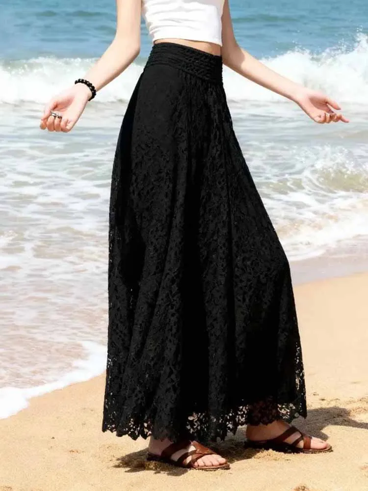 2026 Floral Openwork Lace Pleated Maxi Skirt Slim Fit Elastic Waist Long Flowy Dress For Women