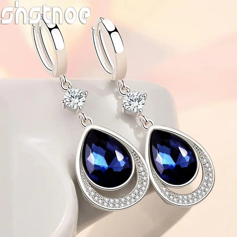 

SHSTONE Silver 925 Jewelry Oval Gemstones Water Drop Shaped Earrings for Women Sapphire Zircon Engagement Ear drops Fine Jewelry