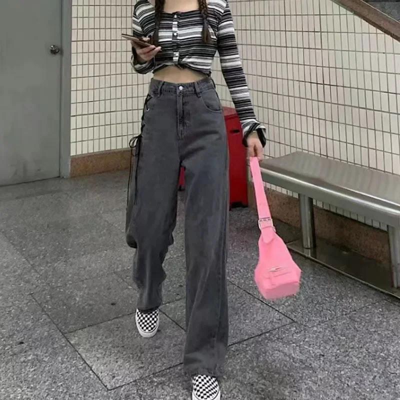 Korean Gothic Denim Trousers Female Harajuku High Waist Lace-Up Design Straight Jeans Women Y2K Chic Black Gray Wide Leg Pants