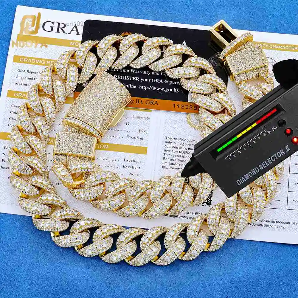 Hip NUOYA Hop Jewelry 925 Sterling Silver Moissanite Cuban Link Chain Necklace Personalized Long Clasp Design Chunky Necklace.