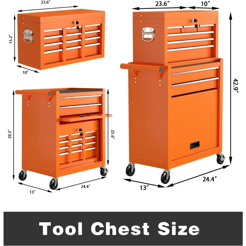 8段引き出し付き大容量ローリングツールチェスト、ガレージや倉庫での使用に適した取り外し可能なロック付き収納キャビネット