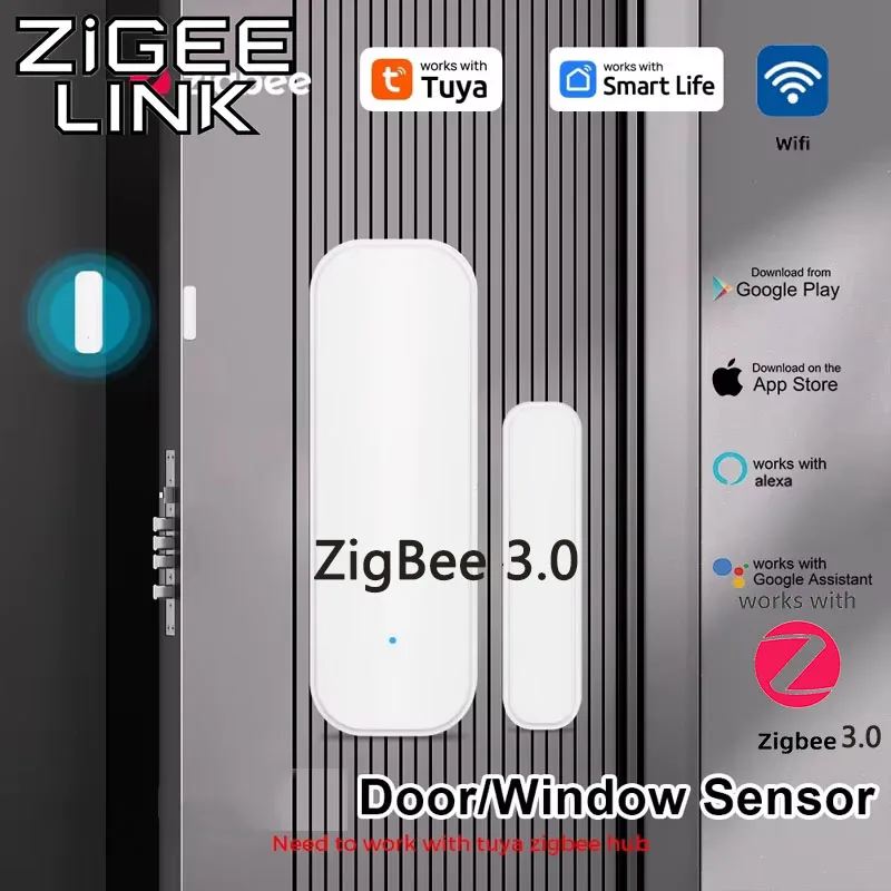 Sensor de Porta Tuya Zigbee 3.0 WiFi, Sensor Magnético de Janela Tuya Smart Life, Detector Sem Fio para Casa via Alexa e Google Home