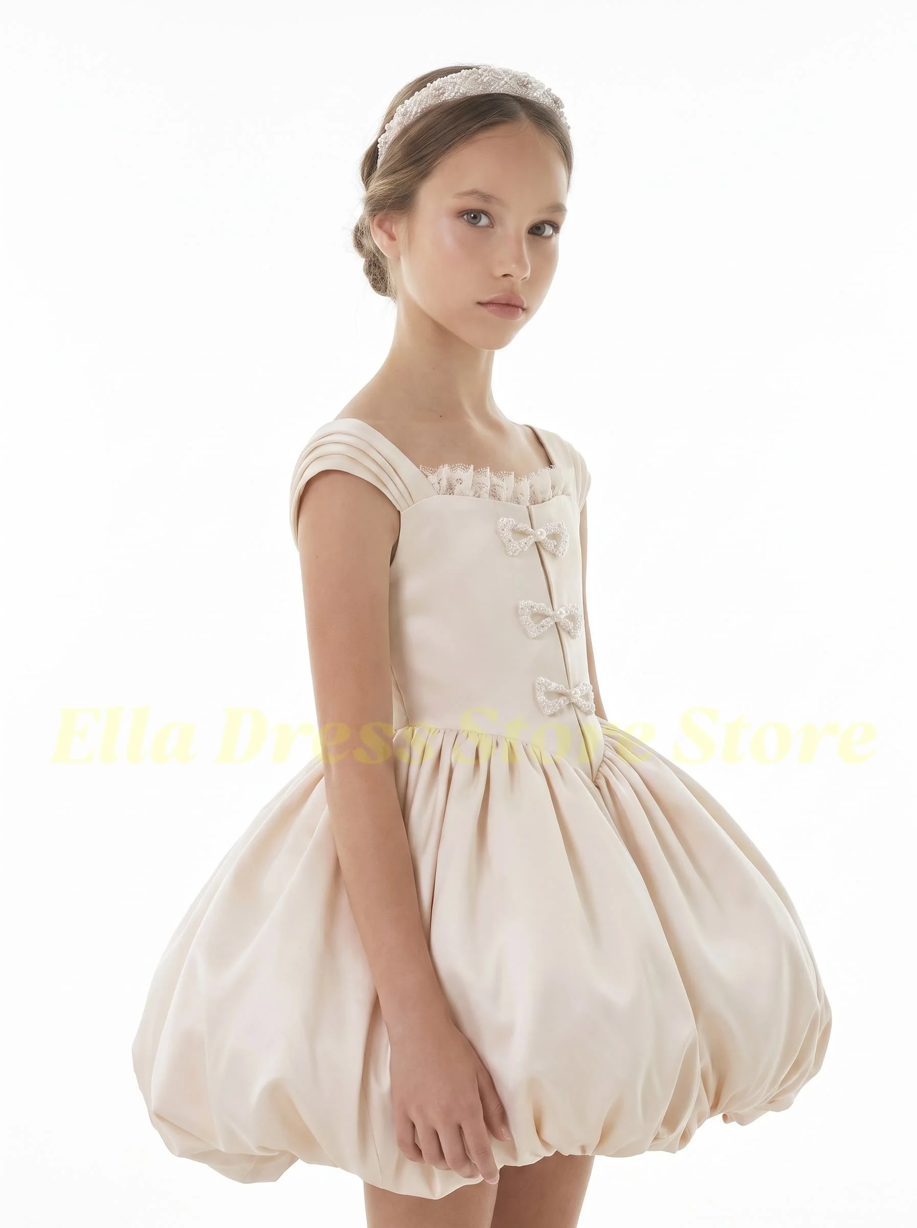 Maßgeschneidertes rosa Satin-Blumenmädchenkleid für Hochzeiten, kurze Ärmel, hübsches Erstkommunionkleid mit Schleifen, Kindergeburtstagsfeier, Großhandel – Detail 4