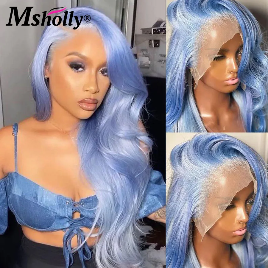 Wig gelombang tubuh biru 100% rambut manusia dengan kepadatan 180 Wig rambut manusia Remy Virgin Brasil untuk wanita Wig Frontal renda 13x4