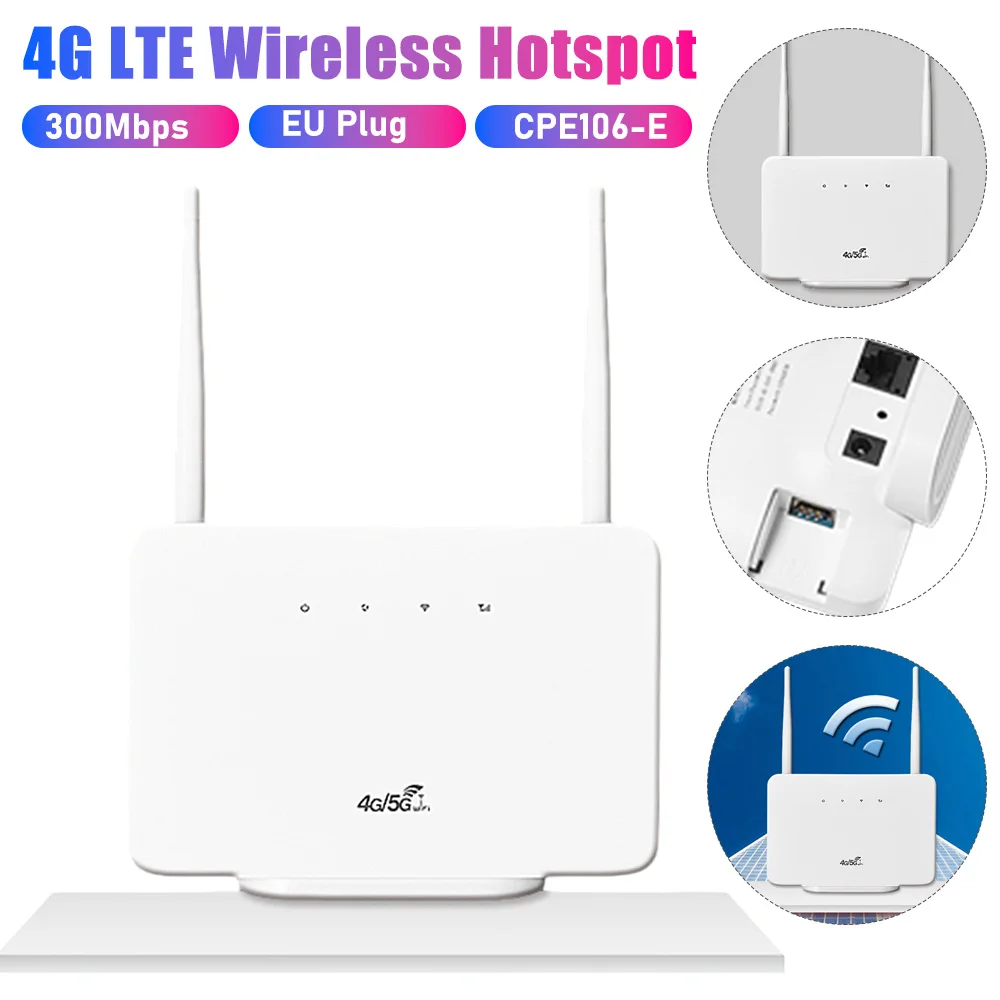 

(EU Plug)4G LTE Wireless Router 300Mbps CPE Router Modem External Antenna with Sim Card Slot Internet Connection for Home Travel
