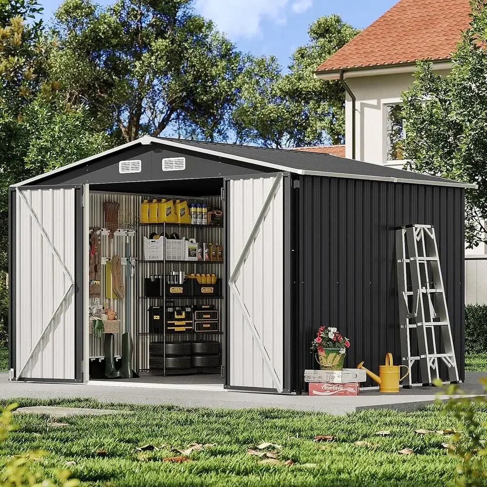 10x8ft Outdoor Metal Storage Shed with Lockable Doors, Weather-Resistant for Garden, Patio, Poolside Use