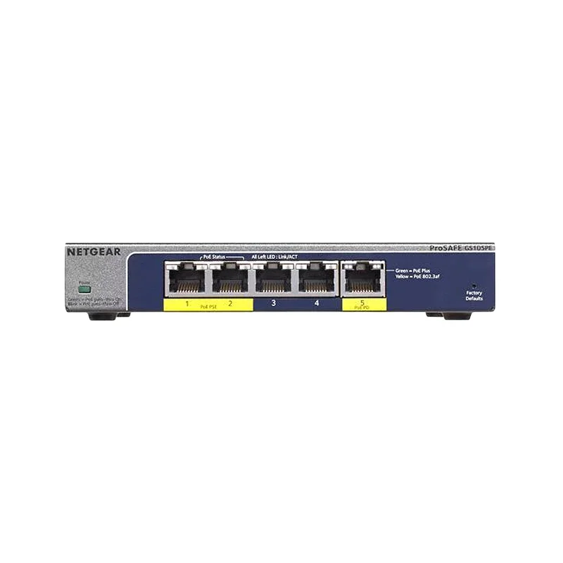 

NETGEAR GS105PE Gigabit Plus Switch 5-Port Gigabit Ethernet Plus PoE Pass-Throu/PoE Power Down Switch With 2-Port PoE out Ports