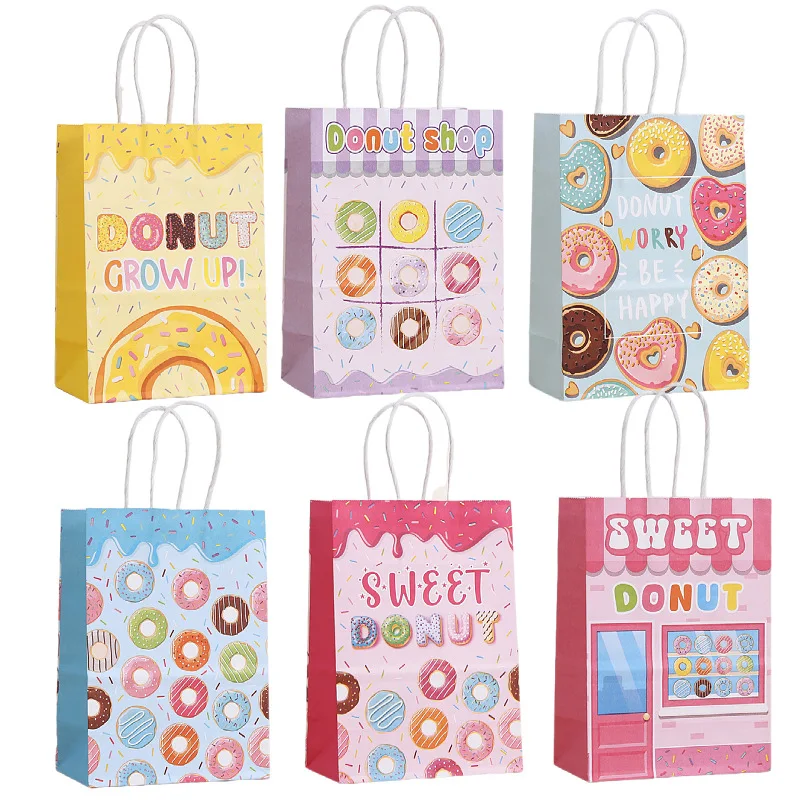 6Pcs Sweet Doughnuts Theme Paper Gift Packing Bags Donuts Shop Candy Cookie Bag for Kids Girl Birthday Baby Shower Party Decor