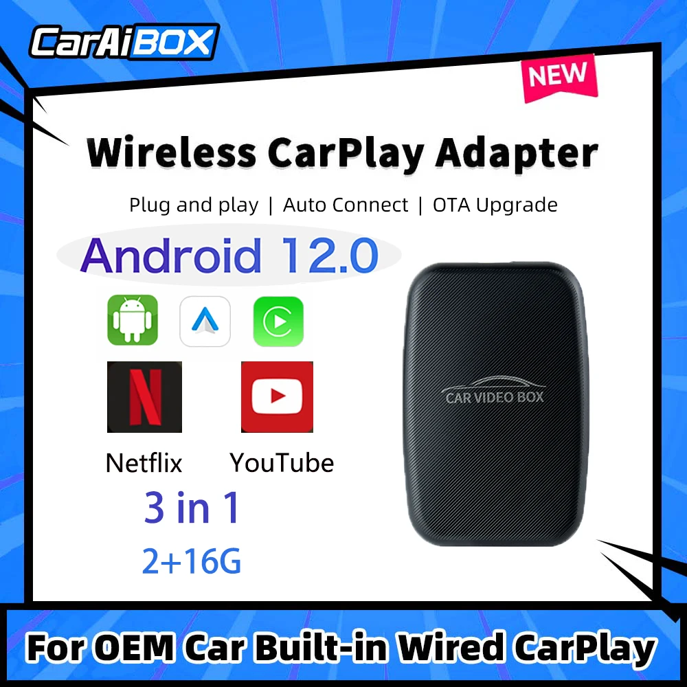 

Видеобокс CarAiBOX Android 12, 3 в 1, беспроводной CarPlay, Android Auto, встроенный Netflix и YouTube, онлайн-видеоконференция, фильмы