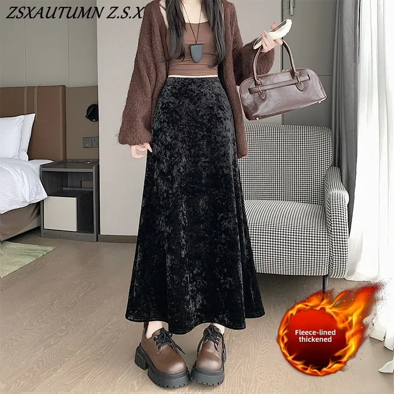 Superior Velvet Skin-friendly Body Wrap Hip Fishtail Skirt Women Vintage Elastic-waist MIDI Skirt All-match Fashion Skirt Female