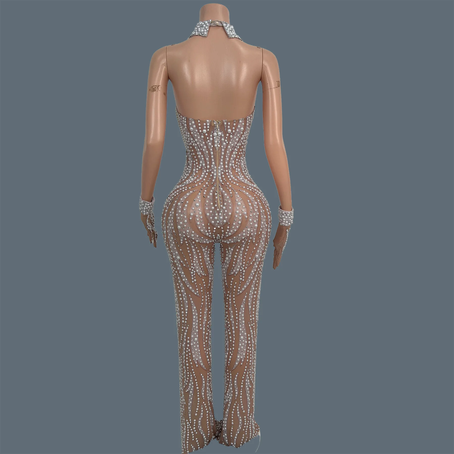 Sheer Mesh Rhinestone Crystal Pearls Jumpsuit Women Collared Halter Neck Flared Pants with Gloves Tight Fitting Jumpsuit Bailing