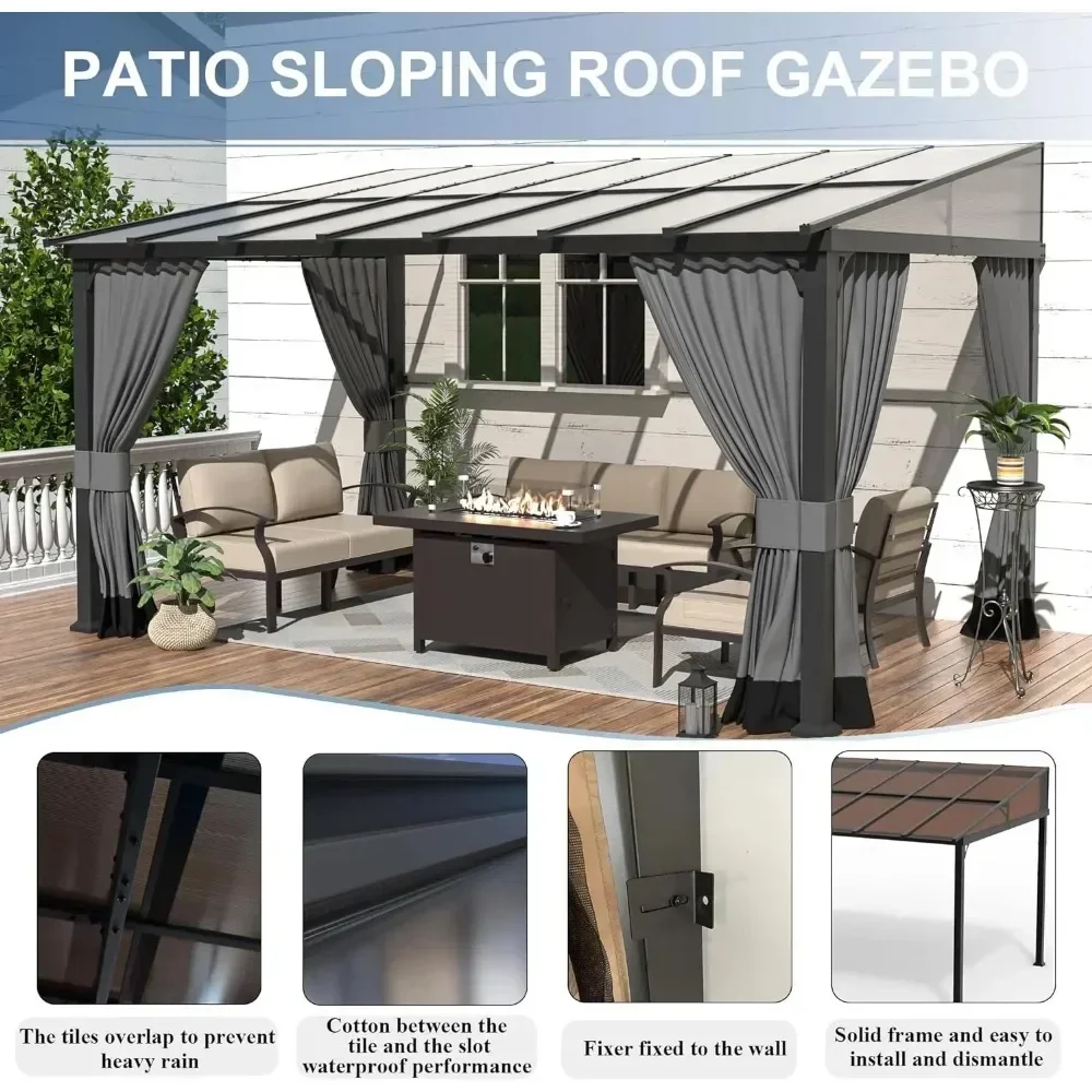 10 x 14 FT Outdoor Gazebo, Hardtop Wall Mounted Gazebos with Sloping Sun Panel Roof, Double Curtains, Gazebo