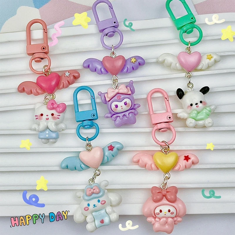 Lovely Cartoon Sanrio Keychain Cute Angel Anime Keyring Kawaii Kuromi Melody Hello Kitty Key Holder School Bag Pendant Decor